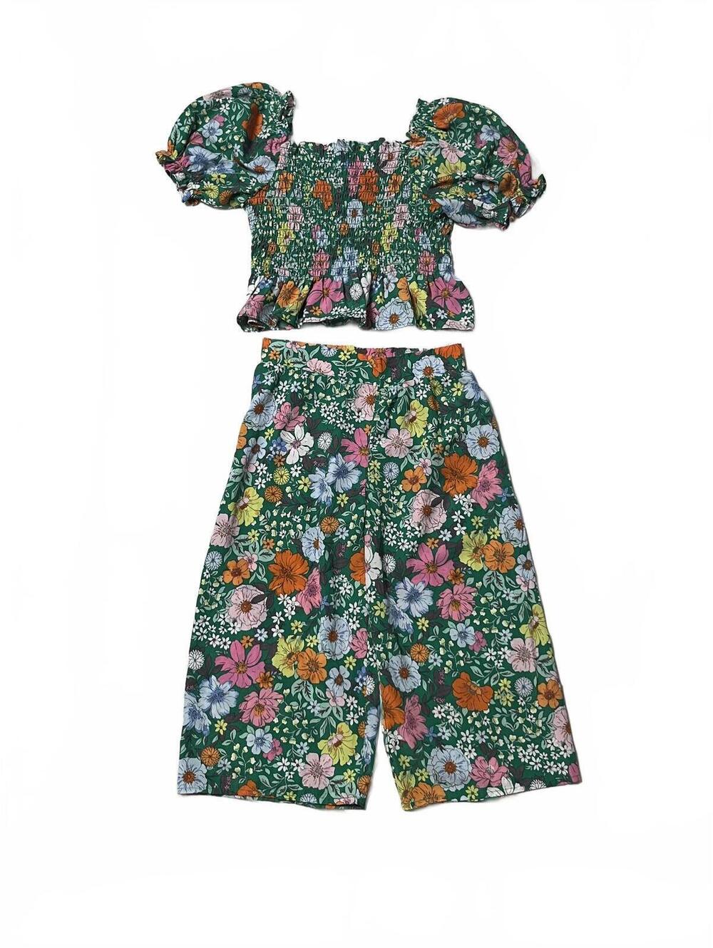 Bonnie Jean Size 10 Girls Floral Smocked 2pc Set Puff Sleeve Wide Leg Pants